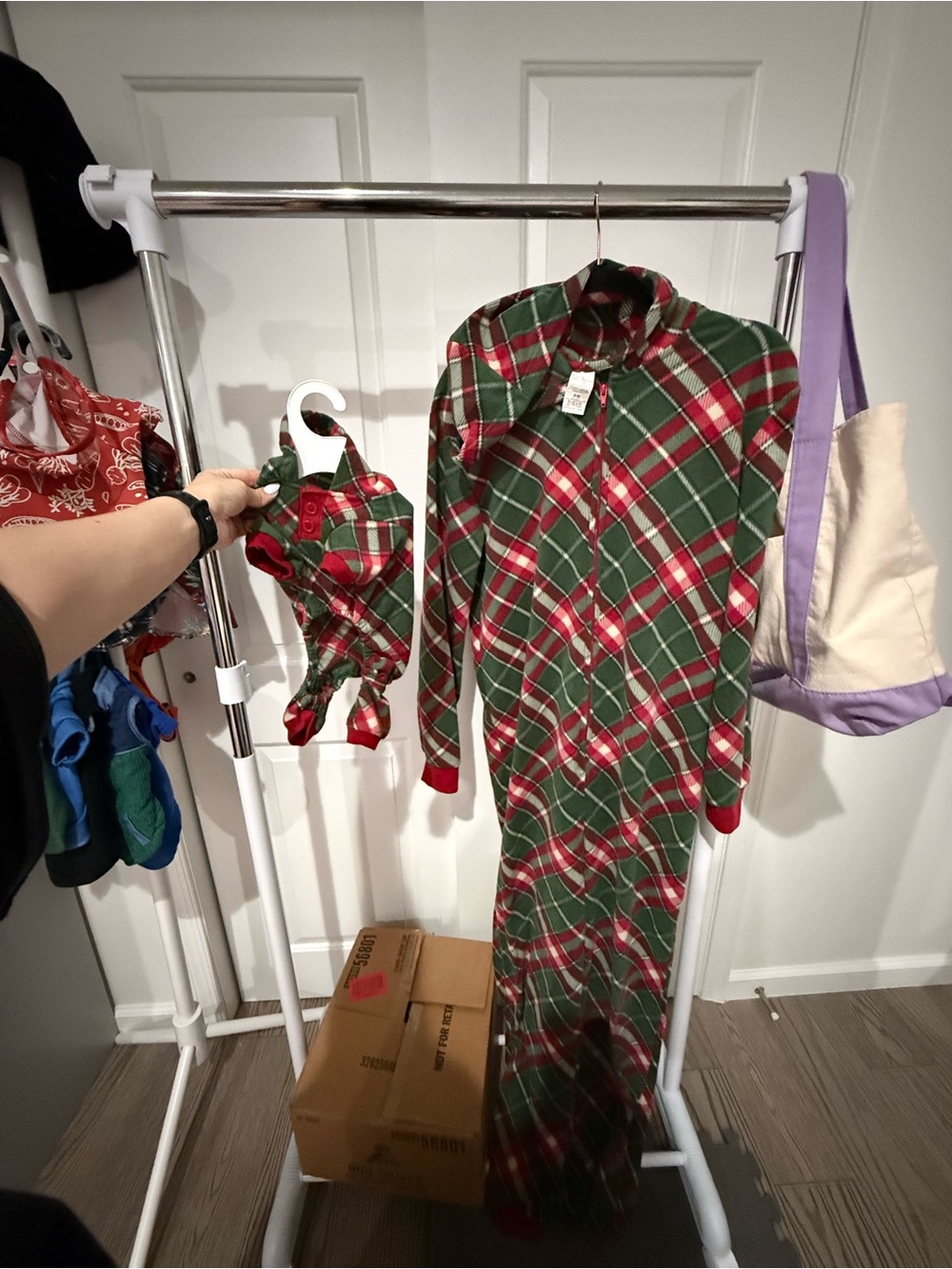 Green & Red Plaid One-Piece Pajamas with matching dog PJs